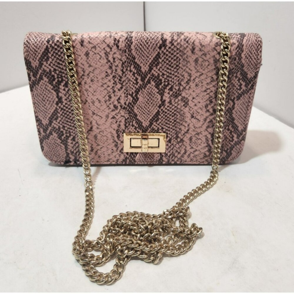 Small Pink Snakeskin Look Purse with Gold Chain Strap Black Interior 8" by 5"